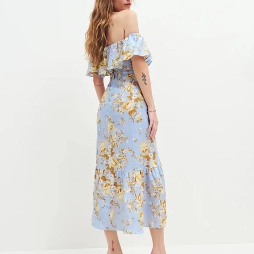 Reformation Linen Baela Blue Floral Off-Shoulder Dress